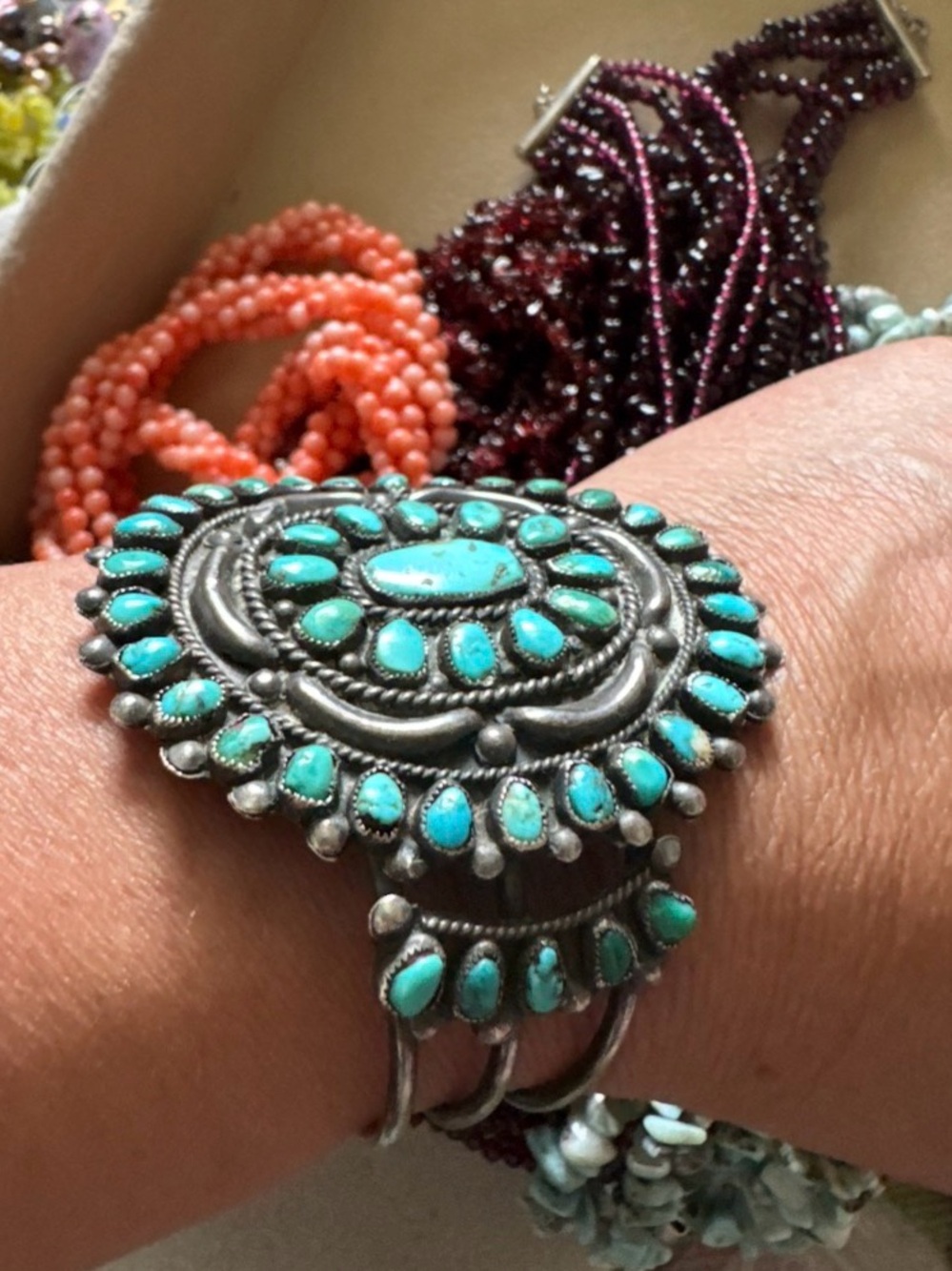 Amazing vintage Turquoise Cluster Statement Cuff Bracelet Sterling no markings